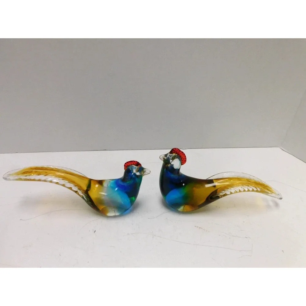Vintage Art Glass Rooster Figurines Pair Blue Amber Green Hand Blown Birds DW740